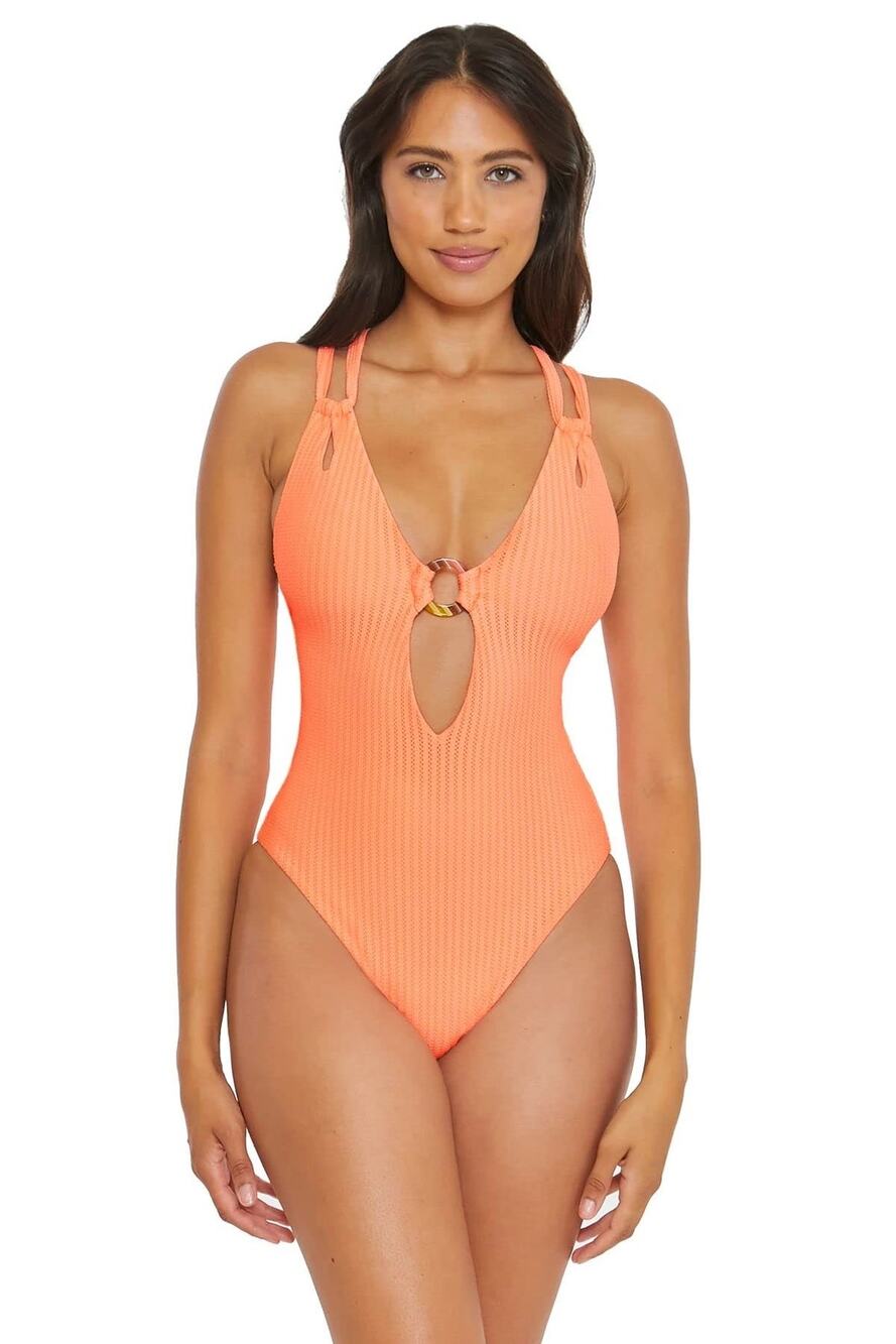 BECCA Line in The Sand Lainey Textured Rib Plunge One-Piece Swimsuit Nectar M